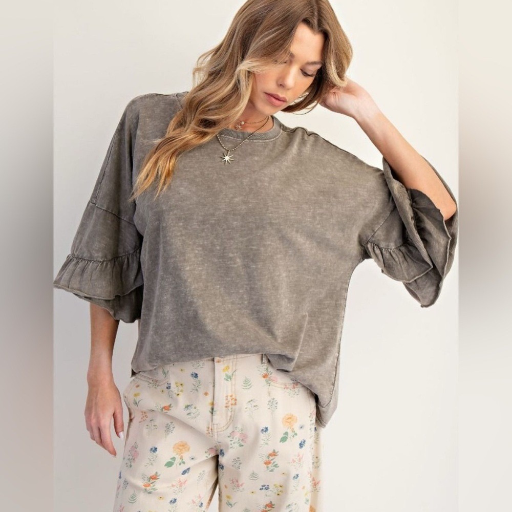 MYSTREE Boho Blouse Top‎ Oversized Crew Neck Loose Beige Brown Women's Large